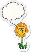 Cartoon-Blume und Gedankenblase als beunruhigter, abgenutzter Aufkleber png