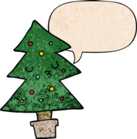 cartoon christmas tree and speech bubble in retro texture style png