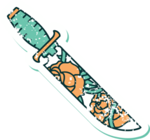 icono de estilo de tatuaje de pegatina angustiado de una daga y flores png