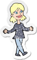 retro distressed sticker of a cartoon woman with no worries png