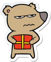 adesivo de um desenho animado de urso bravo segurando presente png