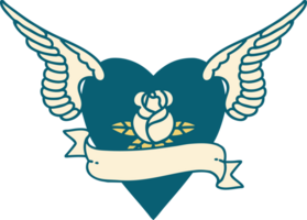 tattoo style icon of a heart with wings a rose and banner png