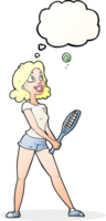 caricatura, mujer, juego, tenis, con, burbuja del pensamiento png