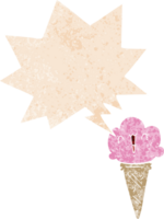 helado de dibujos animados con cara y burbuja de habla en estilo retro texturizado png