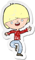 retro distressed sticker of a cartoon happy boy dancing png