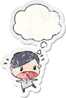 cartoon shocked man and thought bubble as a distressed worn sticker png