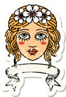 grunge sticker with banner of female face with crown of flowers png