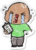 distressed sticker of a cartoon crying man with clipboard png