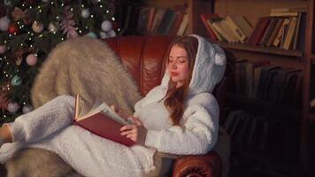 mujer leyendo libro sentado acogedor cuero Sillón con Navidad árbol en antecedentes. video