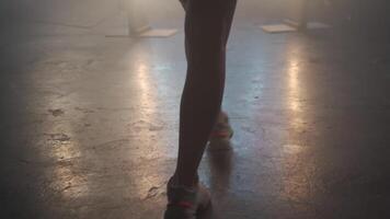 Artistic young woman dancing in backlit fog smoke indoors. video