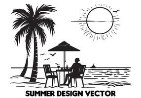 verano diseño palma árbol sentado en silla frente mesa y paraguas hombre playa para impresión en demanda negro negrita sencillo contorno gratis diseño vector