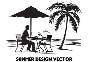 verano diseño palma árbol sentado en silla frente mesa y paraguas hombre playa para impresión en demanda negro negrita sencillo contorno gratis diseño vector