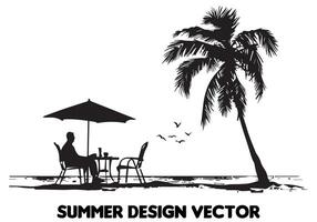 verano diseño palma árbol sentado en silla frente mesa y paraguas hombre playa para impresión en demanda negro negrita sencillo contorno gratis diseño vector