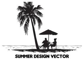 verano diseño palma árbol sentado en silla frente mesa y paraguas hombre playa para impresión en demanda negro negrita sencillo contorno gratis diseño vector