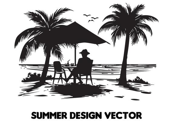 Beach Scene Black And White Vector Art, Icons, and Graphics for Free