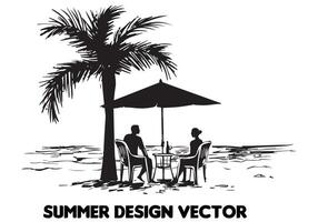 verano diseño palma árbol sentado en silla frente mesa y paraguas hombre playa para impresión en demanda negro negrita sencillo contorno en blanco antecedentes gratis diseño vector