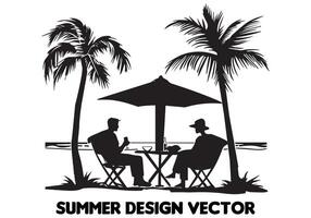 summer design palm tree sitting on chair front table and umbrella man beach for print on demand black bold simple outline on white background free design vector