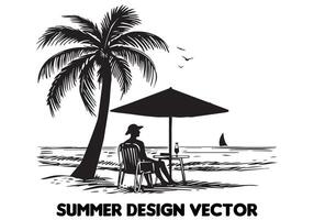 verano diseño palma árbol sentado en silla frente mesa y paraguas hombre playa para impresión en demanda negro negrita sencillo contorno gratis diseño vector