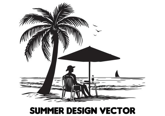 Beach Scene Black And White Vector Art, Icons, and Graphics for Free