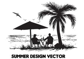 summer design palm tree sitting on chair front table and umbrella man free design vector