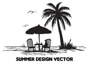 verano diseño palma árbol sentado en silla frente mesa y paraguas hombre playa para impresión en demanda negro negrita sencillo contorno gratis diseño vector