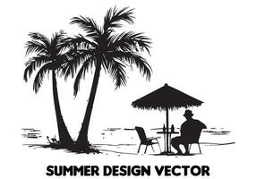 verano diseño palma árbol sentado en silla frente mesa y paraguas hombre playa para impresión en demanda negro negrita sencillo contorno en blanco antecedentes gratis diseño vector