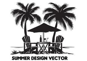 verano diseño palma árbol sentado en silla frente mesa y paraguas hombre playa para impresión en demanda negro negrita sencillo contorno en blanco antecedentes gratis diseño vector