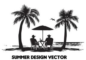 verano diseño palma árbol sentado en silla frente mesa y paraguas hombre playa para impresión en demanda negro negrita sencillo contorno en blanco antecedentes gratis diseño vector