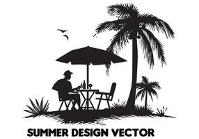 summer design palm tree sitting on chair front table and umbrella man beach for print on demand black bold simple outline on white background free design vector