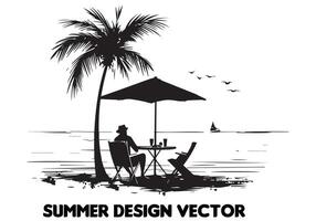 summer design palm tree sitting on chair front table and umbrella man beach for print on demand black bold simple outline on white background free design vector