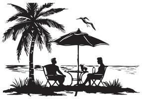 verano diseño palma árbol sentado en silla frente mesa y paraguas hombre playa para impresión en demanda negro negrita sencillo contorno gratis diseño vector