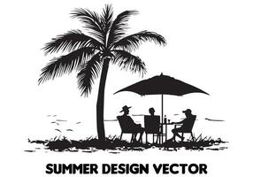 verano diseño palma árbol sentado en silla frente mesa y paraguas hombre playa para impresión en demanda negro negrita sencillo contorno gratis diseño vector