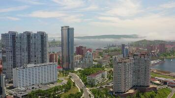 A drone view of the Vladivostok sports promenade on a summer sunny day video