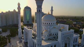 Mosque Pride of Muslims named after the Prophet Muhammad in Shali. Aerial view video