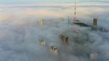 zangão Visão do a Vladivostok Planícies coberto dentro manhã mar névoa às alvorecer video