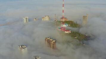 zumbido ver de el Vladivostok Tierras Bajas cubierto en Mañana mar niebla a amanecer video