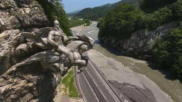 Aerial view on the monument Uastirdzhi in the Alagir Gorge video