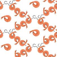pattern of fresh pink boiled shrimp on skewers and separately, all on a white background, is suitable for decorating seafood restaurant menus. seamless texture with finished barbecue products vector