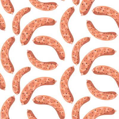 A pattern of fresh meat sausages for grilling and barbecue, all on a white. It is suitable for decorating the menus of seafood restaurants. seamless texture with finished barbecue products