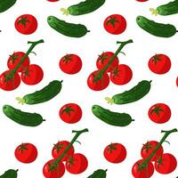 Pattern of fresh cucumbers and tomatoes, suitable for depicting fresh products from the garden. Suitable for cooking graphics, salad recipes, healthy lifestyle blogs. Packaging of flavor, ingredient vector