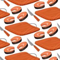 A pattern of fresh red fish steak is cut with a large knife on a wooden board. Ideal for demonstrating recipes, cooking tips, cooking tutorials. Seamless illustration. Chef's slicing of steak vector