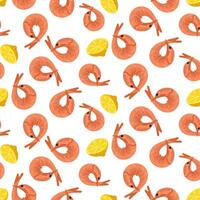 pattern of fresh pink boiled shrimp with lemon, all on white. It is suitable for decorating the menus of seafood restaurants. seamless texture with finished barbecue products vector