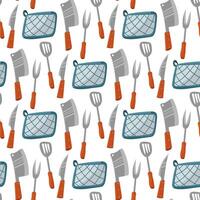 Pattern of kitchen knives with a wooden handle and a pot holder, showing various types of knives, spatula, fork for meat, pot holder for hot. Seamless replay. Useful for cooking blogs, recipe books vector
