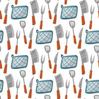 Pattern of kitchen knives with a wooden handle and a pot holder, showing various types of knives, spatula, fork for meat, pot holder for hot. Seamless replay. Useful for cooking blogs, recipe books vector