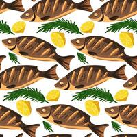 A pattern of whole sea fish with lemon and rosemary on white. It is suitable for decorating the menus of seafood restaurants. seamless texture with finished barbecue products vector