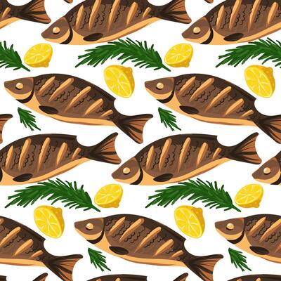 A pattern of whole sea fish with lemon and rosemary on white. It is suitable for decorating the menus of seafood restaurants. seamless texture with finished barbecue products