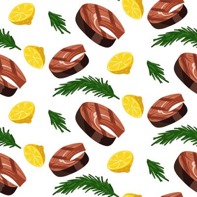 Grilled red fish steak pattern with lemon and rosemary on white. It is suitable for decorating the menus of seafood restaurants. seamless texture with finished barbecue products