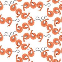 pattern of fresh pink boiled shrimps on skewers, all on a white background, is suitable for decorating seafood restaurant menus. seamless texture with finished barbecue products vector