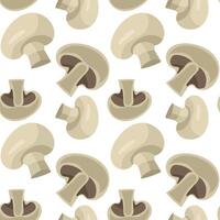 A pattern of mushrooms of champignons whole and in section, demonstrating the different sizes and orientation of mushrooms in a repetitive design. Use for packaging to show the taste. Seamless texture vector