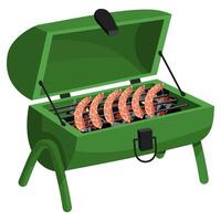 An iron outdoor grill with burning coals and fresh meat sausages, creating an atmosphere of cooking. Perfect for barbecue-themed invitations. An insulated object on legs with an open top. Black coal vector